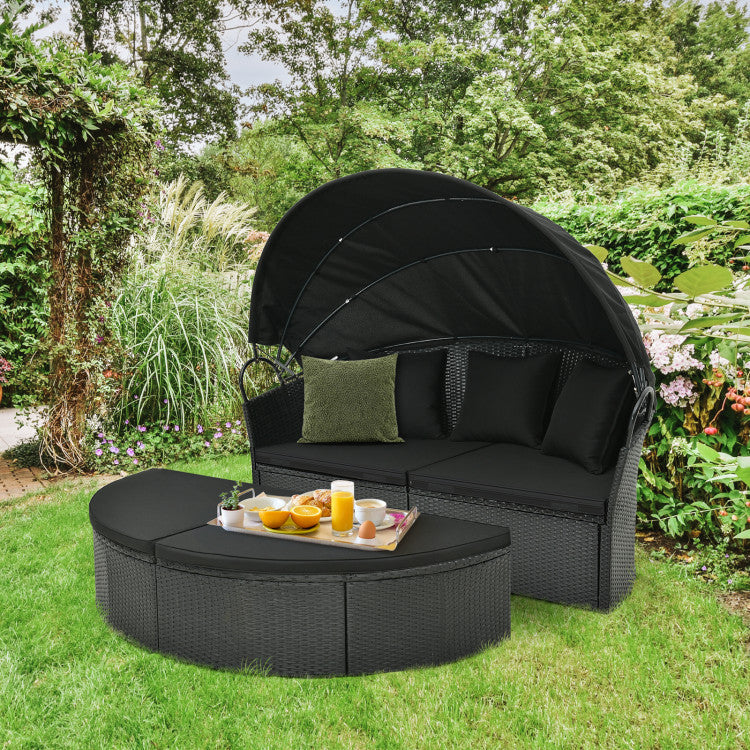 Clamshell Patio Round Daybed with Retractable Canopy, Cushions & Throw Pillows