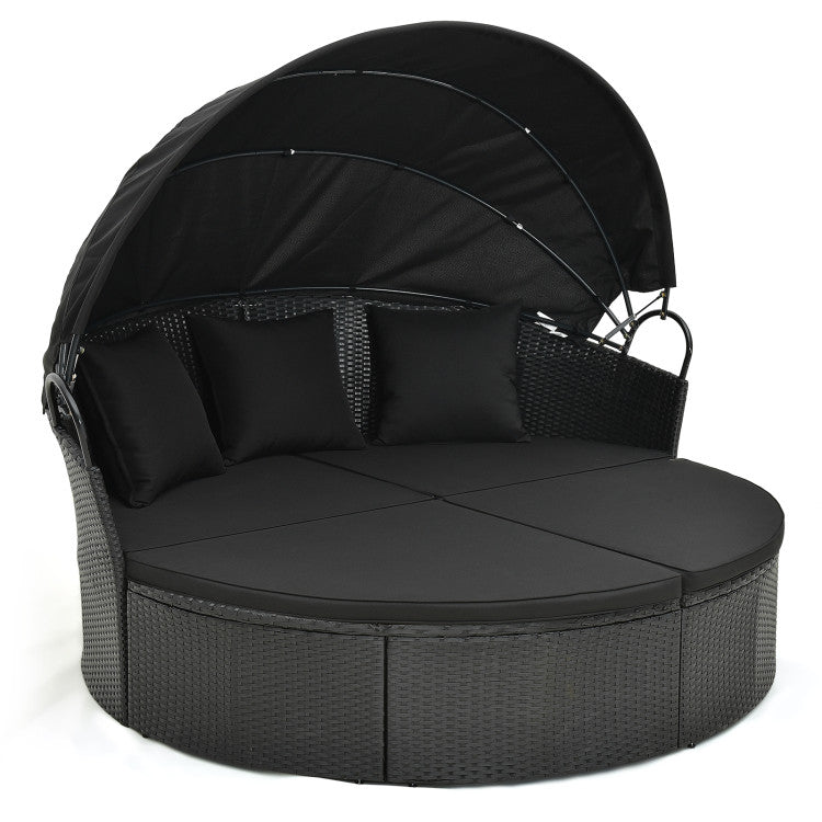 Clamshell Patio Round Daybed with Retractable Canopy, Cushions & Throw Pillows