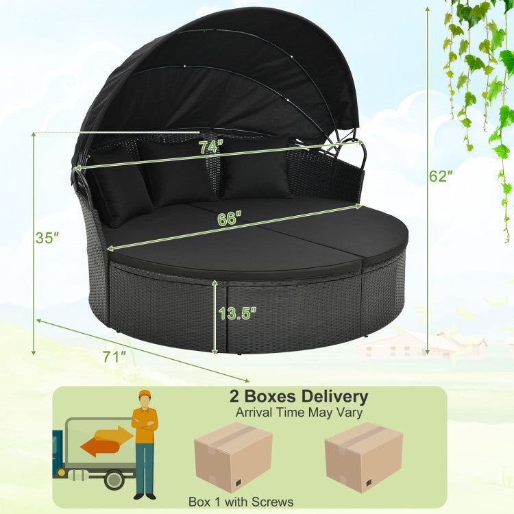 Clamshell Patio Round Daybed with Retractable Canopy, Cushions & Throw Pillows