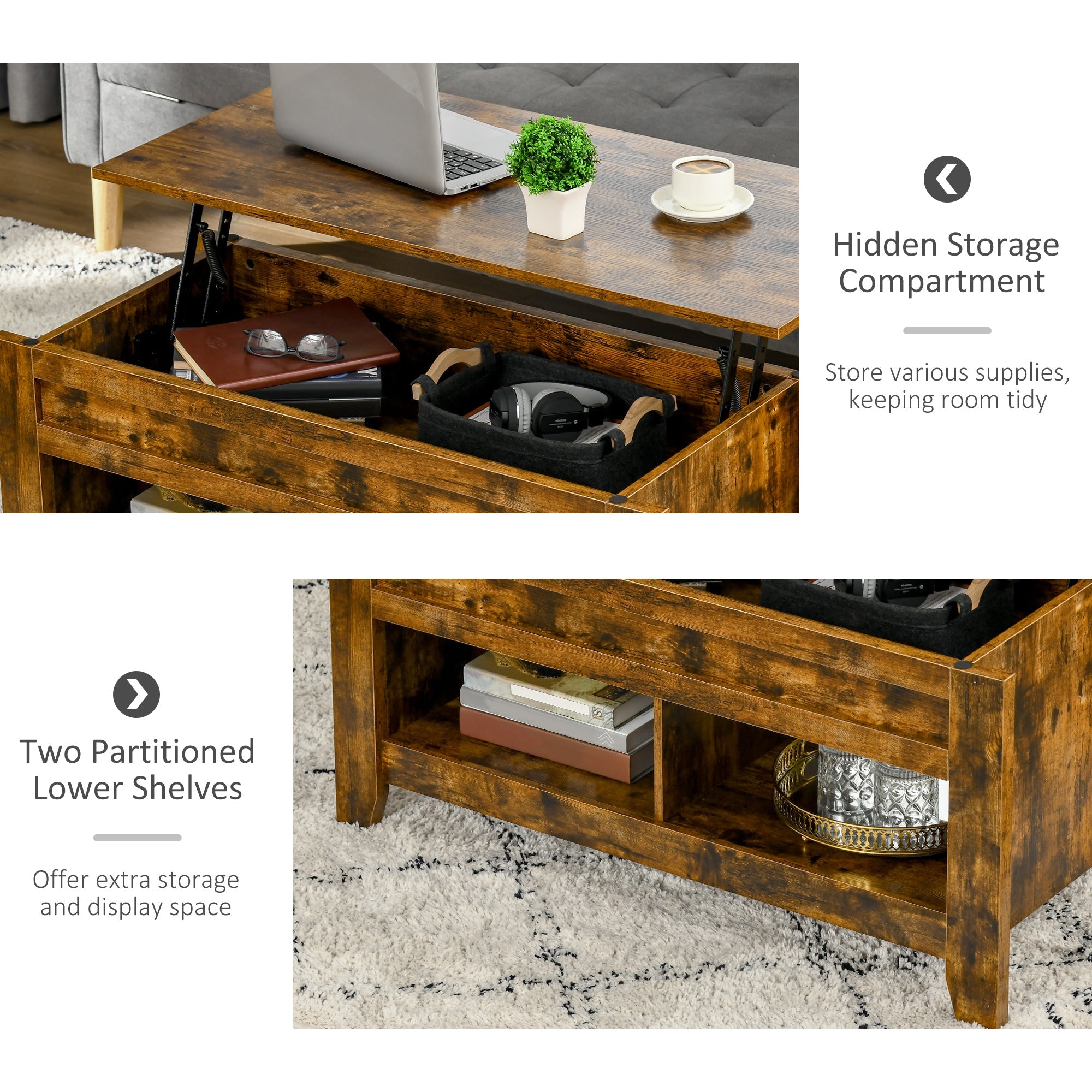 HOMCOM Lift-Top Coffee Table: Hidden Storage Shelves & Adjustable Pop-Up Tabletop, Living Room Furniture, Brown 