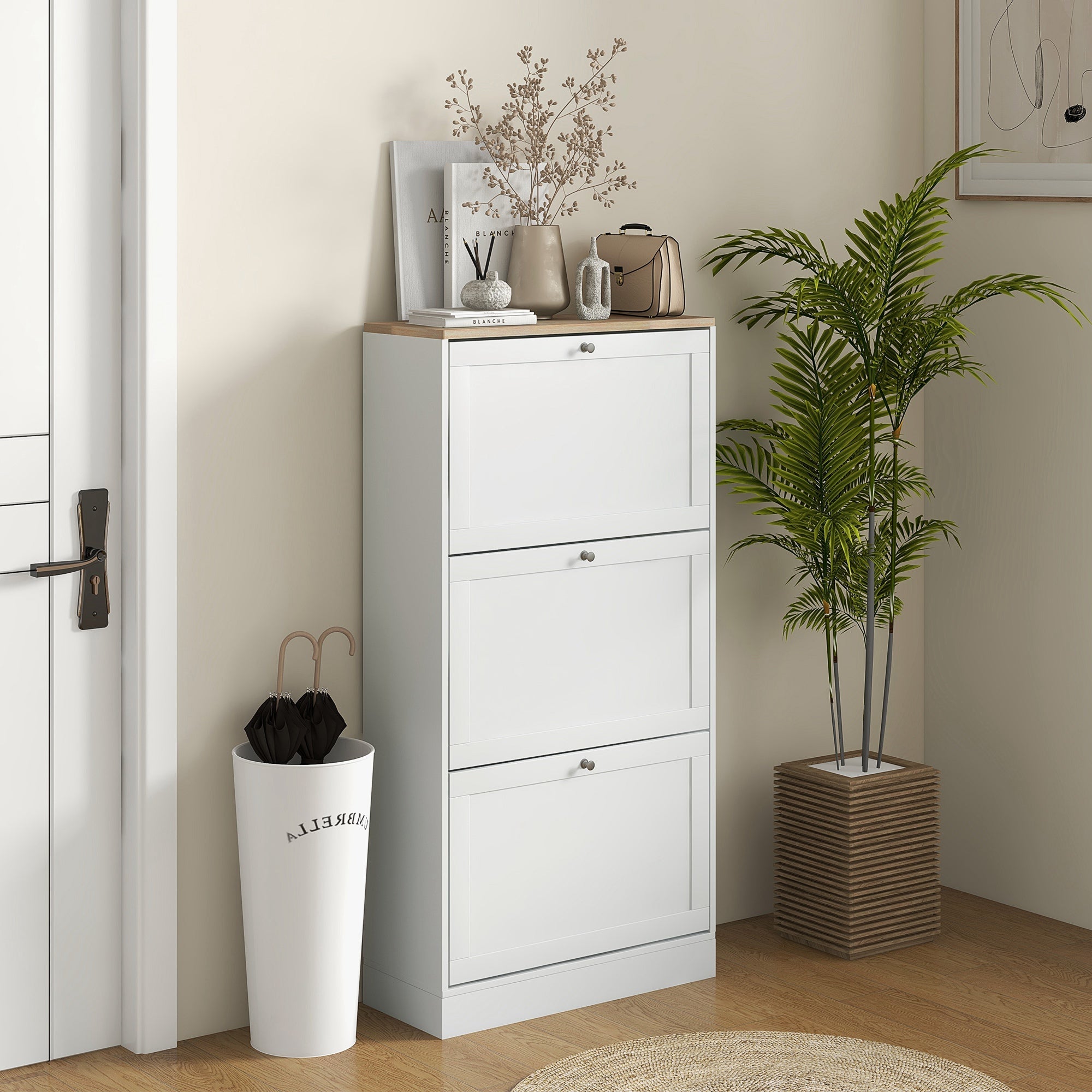 HOMCOM Modern Shoe Storage Cabinet 3 Flip Drawers Adjustable Shelves Organizer for 18 Pairs White 