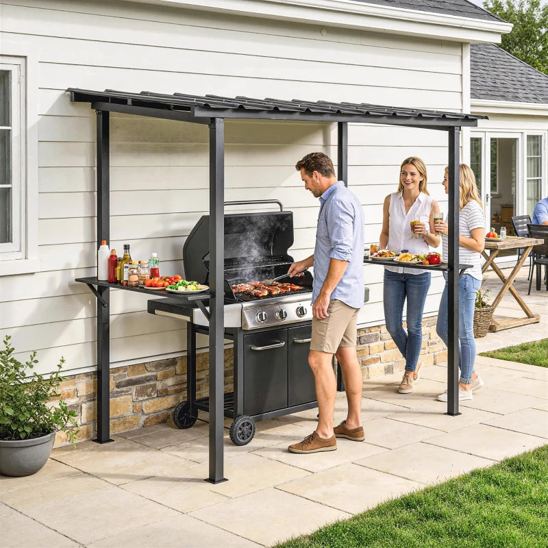 9' x 6' Hardtop Grill Gazebo, BBQ Gazebo with 2 Side Shelves and Galvanized Metal Slope Roof, Black