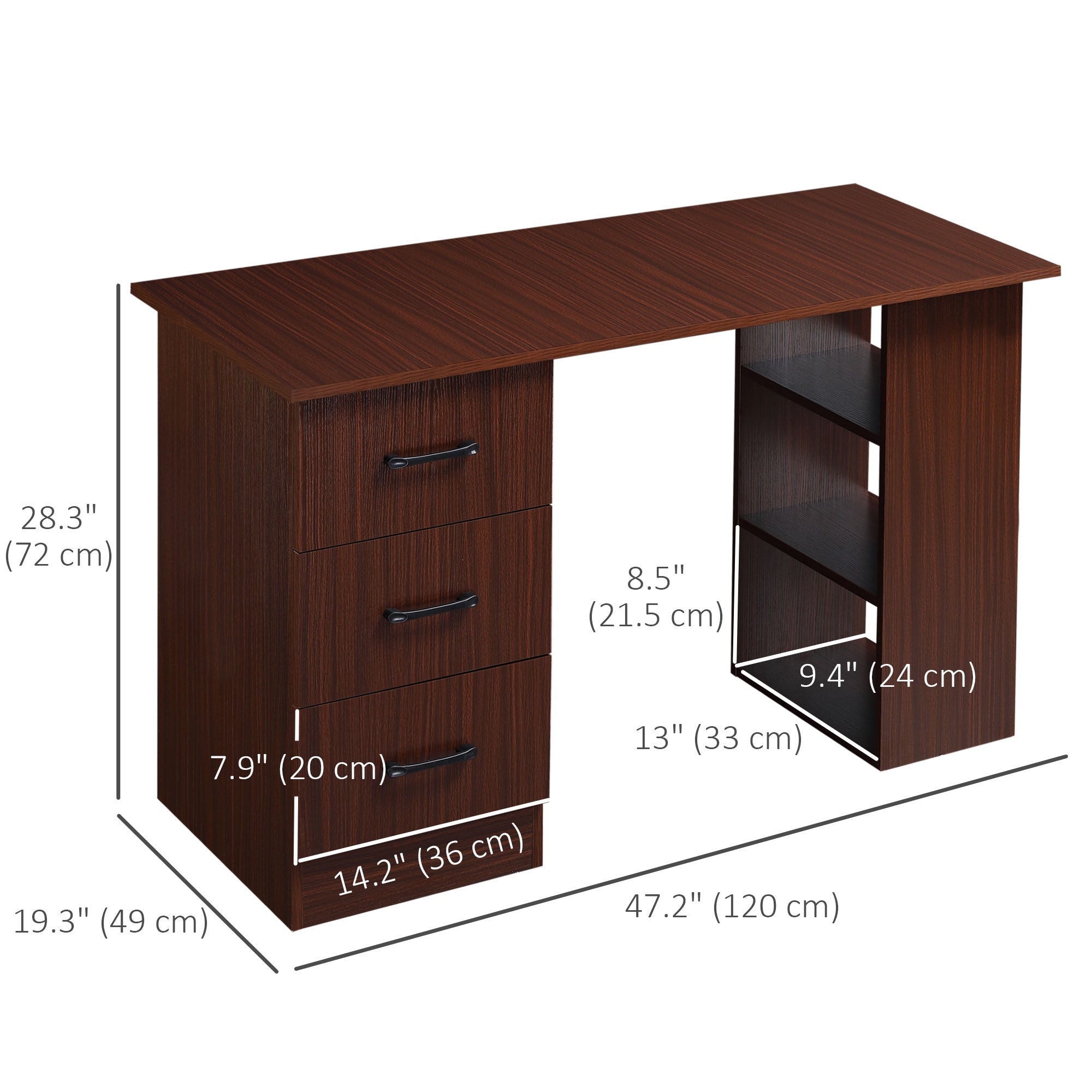 HOMCOM 47" Walnut Home Office Desk with 3-Tier Storage Shelves & Drawers - Elegant Study Writing Table 
