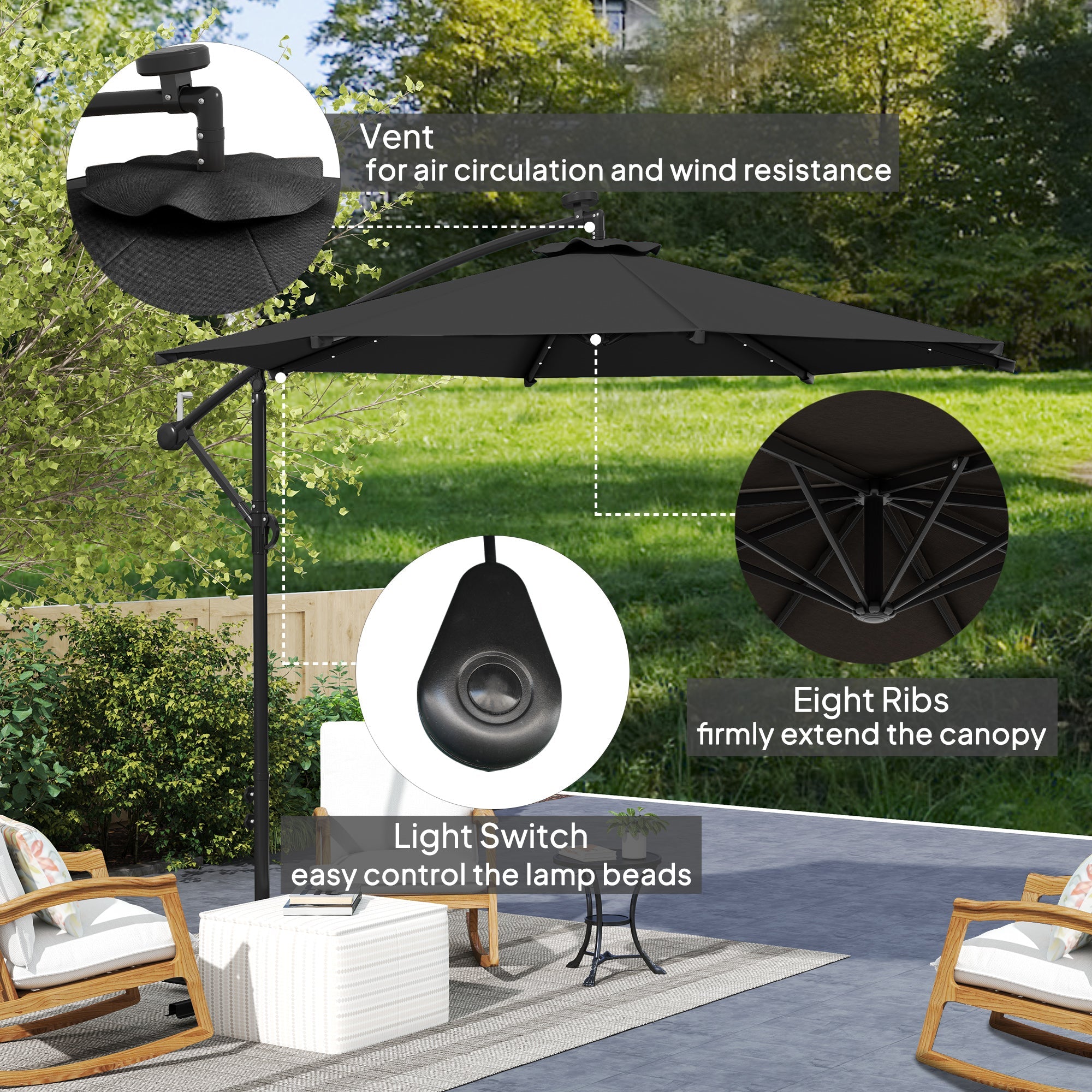 Outsunny 10ft Outdoor Cantilever Umbrella Banana Umbrella with Solar Lights and Adjustable Angle for Patio Backyard Black 