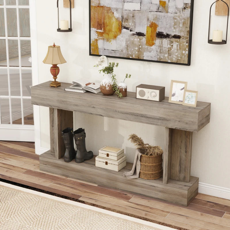 63 Inch Long Console Table, Vintage Narrow Entryway Table with Storage Shelf for Living Room and Hallway, Light Brown