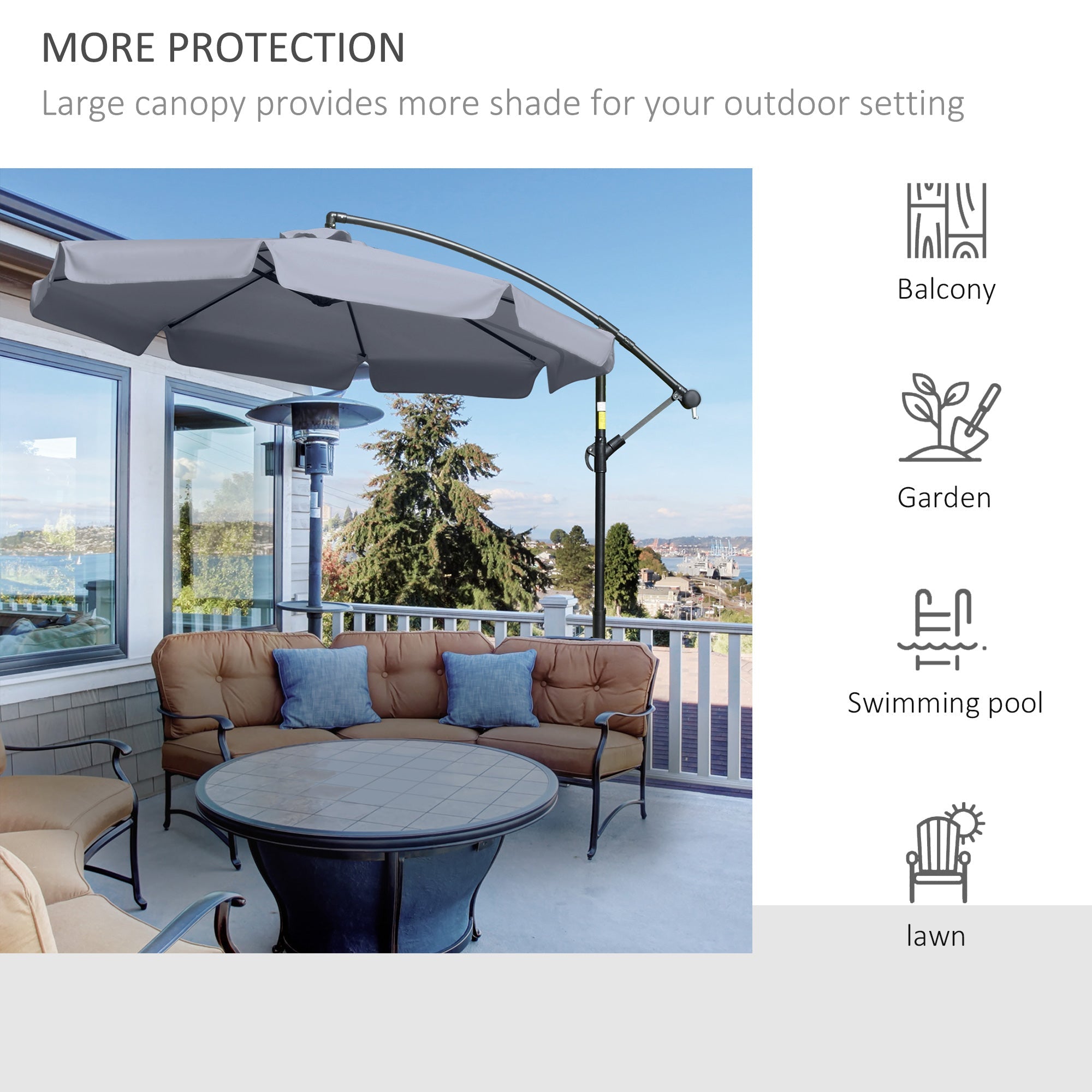 Outsunny 9FT Offset Cantilever Patio Umbrella: Dark Grey Easy Tilt Cross Base 8 Ribs UV Protection Outdoor Sun Shade 
