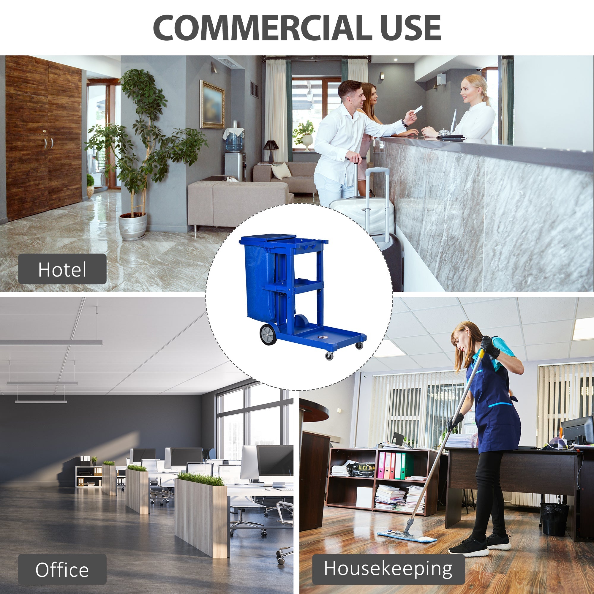 HOMCOM Janitorial Cart Commercial 3 Tier Shelves Cleaning Trolley with Bag Mop Mount for Hotel Restaurant 