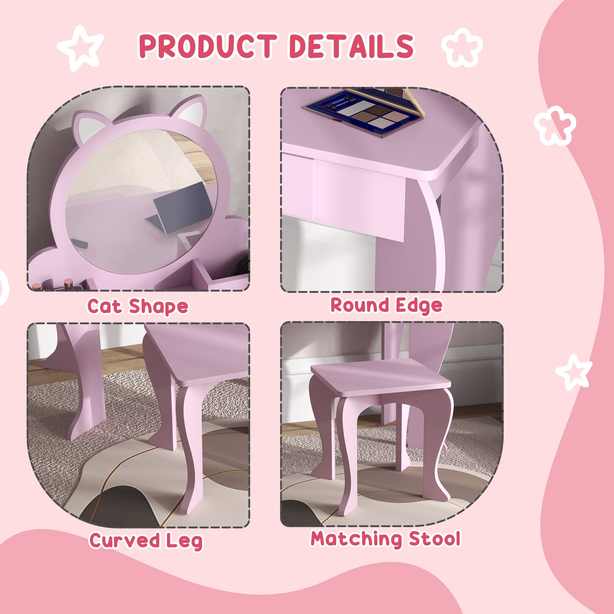 Qaba Makeup Vanity with Mirror and Stool Cat Design Drawer Storage Boxes for 3-6 Years Old Pink 