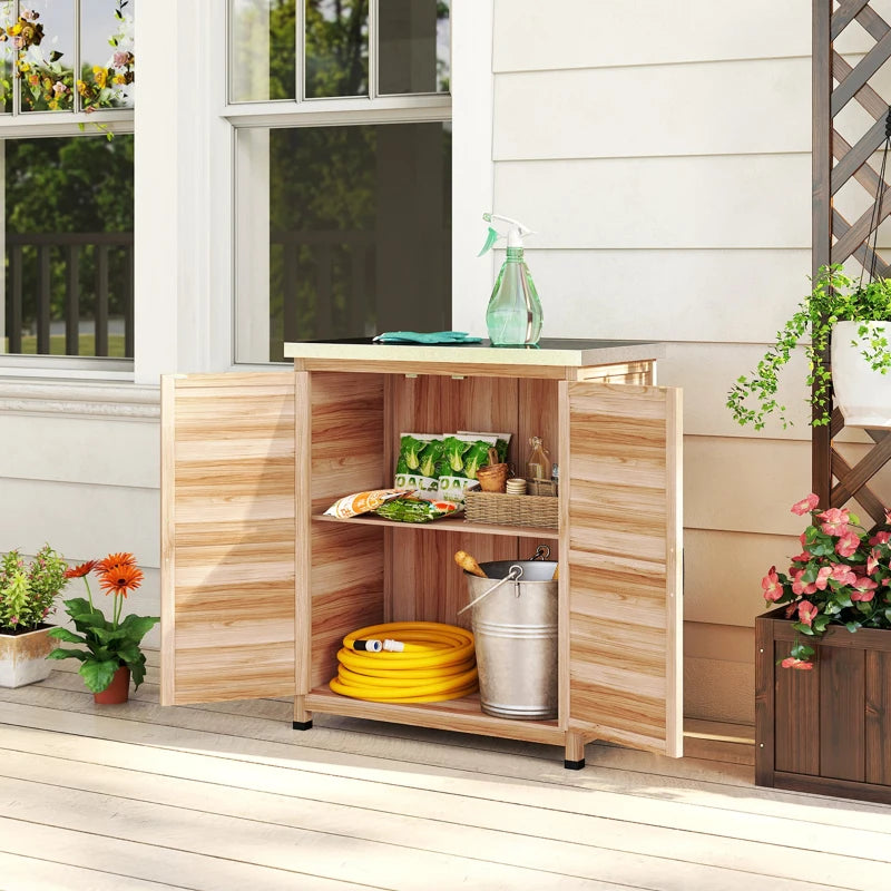 Garden Storage Cabinet, Outdoor Potting Bench Table with Metal Tabletop, Shelf and Double Doors, Natural