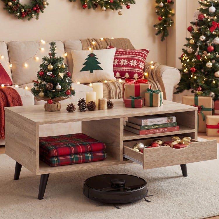 Coffee Table with Storage Rustic Rectangle Center Table-Natural