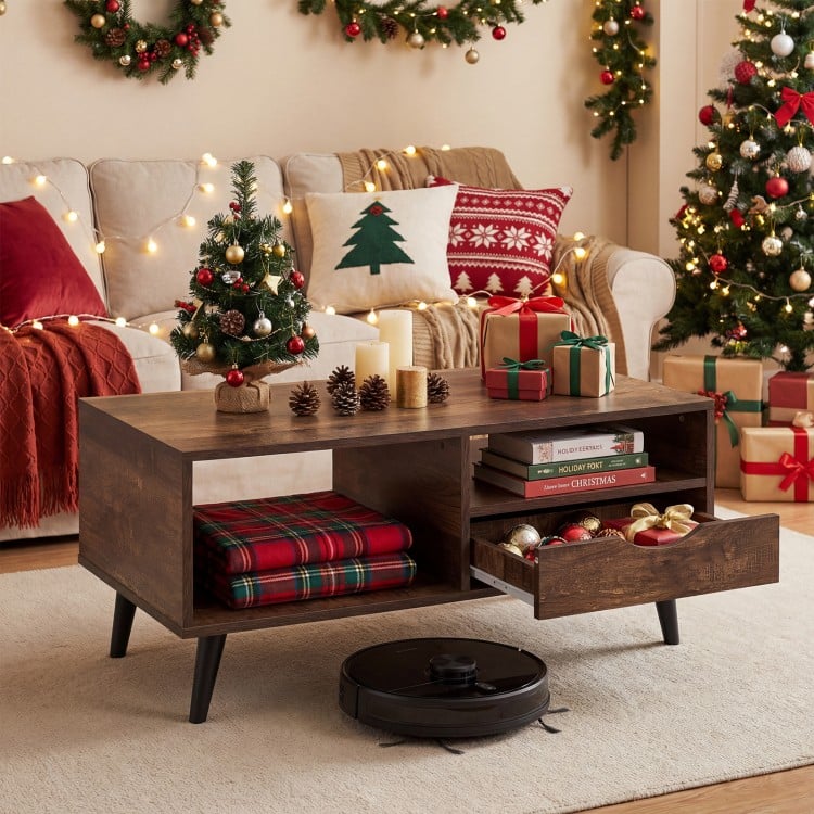 Coffee Table with Storage Rustic Rectangle Center Table-Walnut