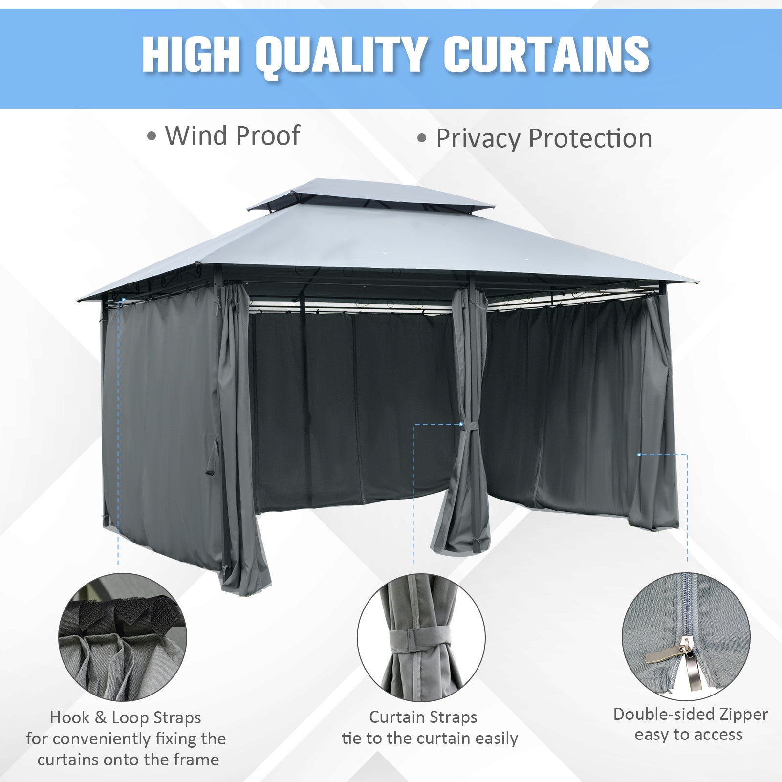 Outsunny 13'L x 10'W x 8.7'H Patio Gazebo Outdoor 2-Tiers Garden Canopy Yard Sunshade Shelter with Curtains Grey 