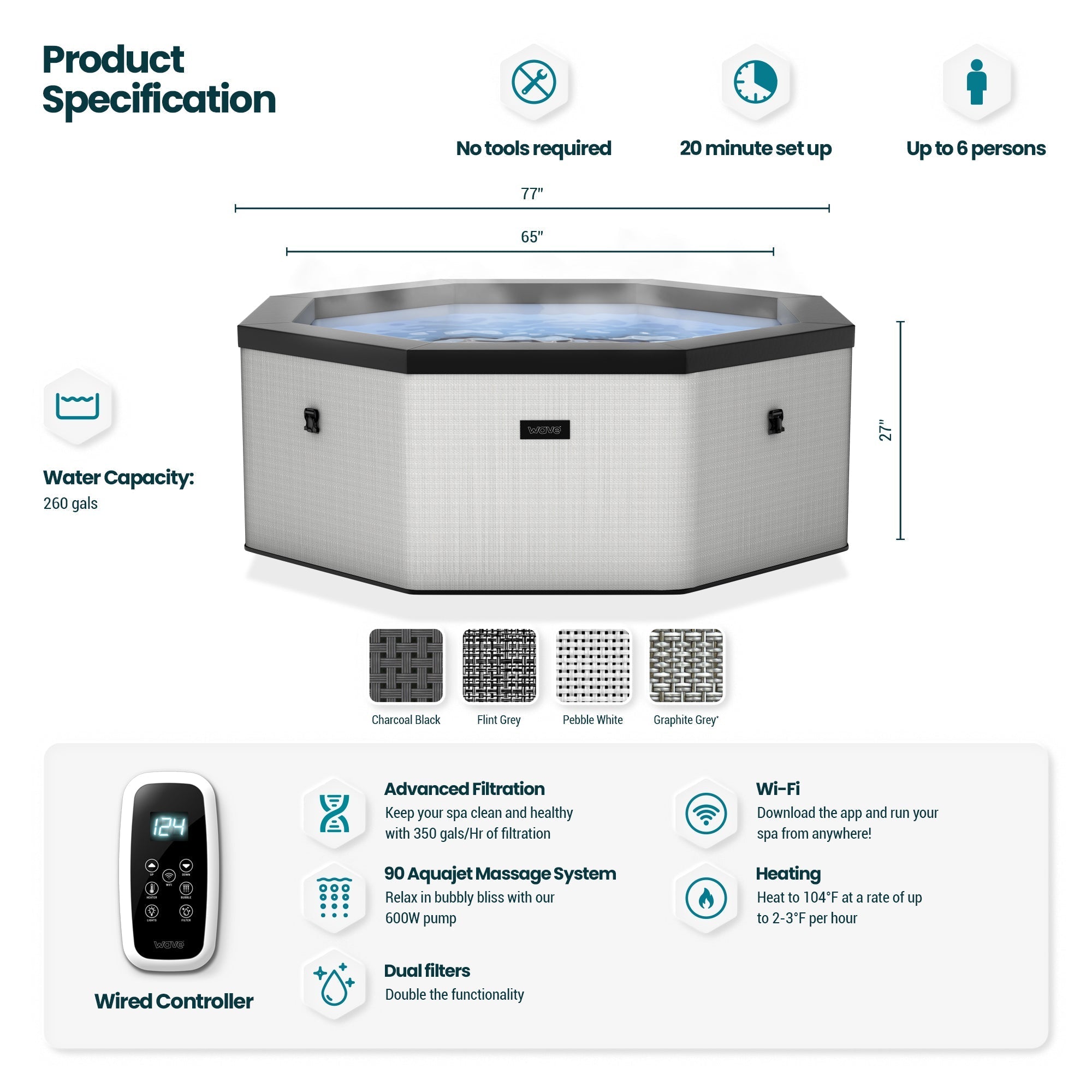 Como | 6-Person Eco Foam Hot Tub | Octagon | Built-In Integrated Heater 