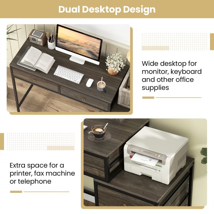 Computer Desk with 5 Drawers Home Office Desk with Side File Cabinet-Grey