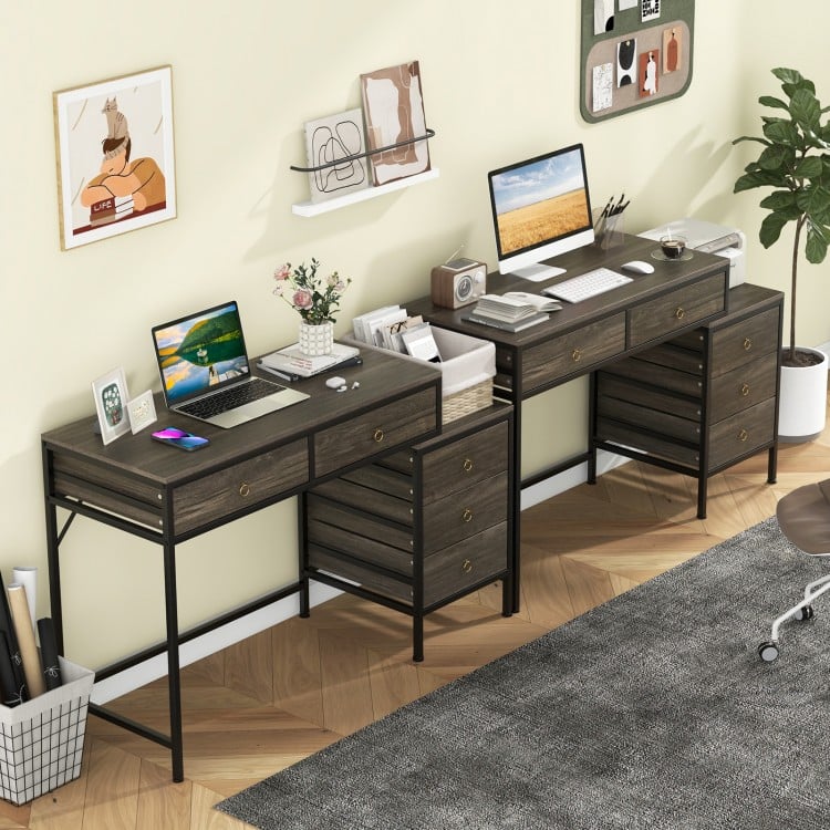 Computer Desk with 5 Drawers Home Office Desk with Side File Cabinet-Grey