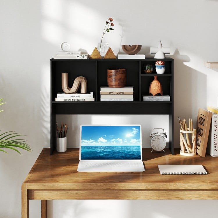 Computer Desktop Bookcase with 4 Cubbies and Open Back Compartment-Black