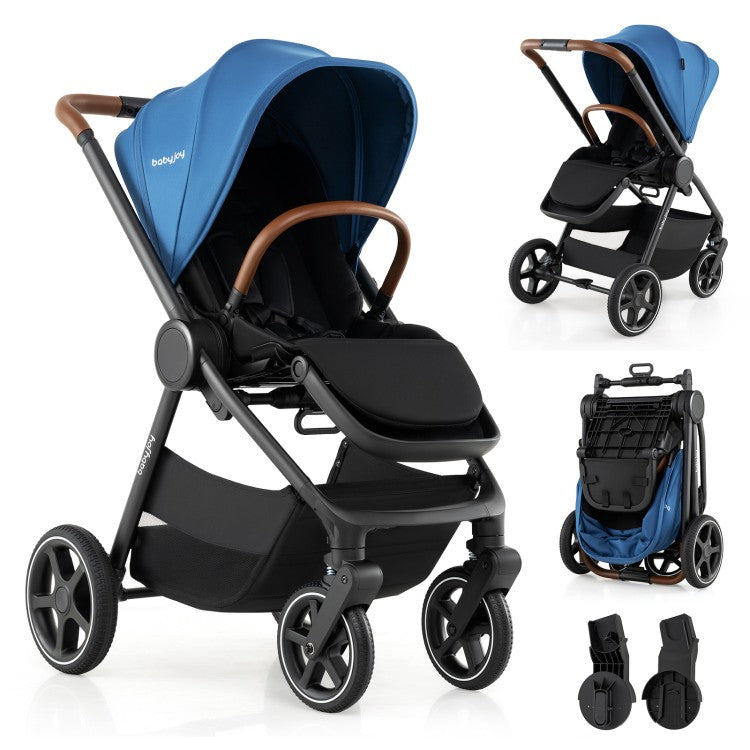Convertible Travel Baby Stroller with Car Seat Adapters, Reversible Seat, Reclining Backrest & Large Storage Basket