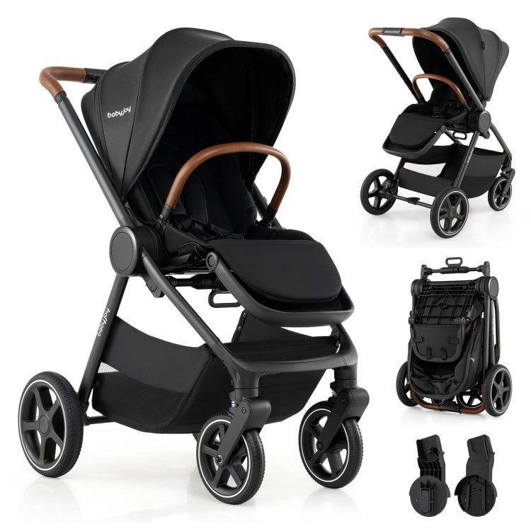 Convertible Travel Baby Stroller with Car Seat Adapters, Reversible Seat, Reclining Backrest & Large Storage Basket