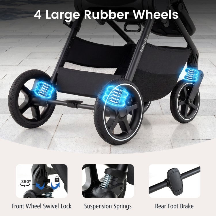 Convertible Travel Baby Stroller with Car Seat Adapters, Reversible Seat, Reclining Backrest & Large Storage Basket