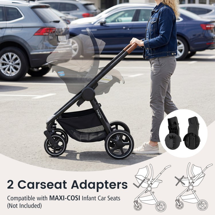 Convertible Travel Baby Stroller with Car Seat Adapters, Reversible Seat, Reclining Backrest & Large Storage Basket