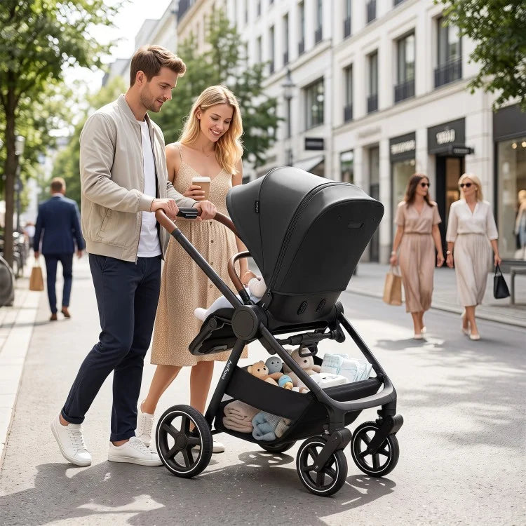 Convertible Travel Baby Stroller with Car Seat Adapters, Reversible Seat, Reclining Backrest & Large Storage Basket