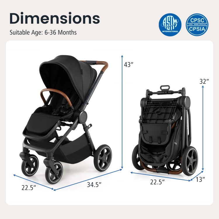 Convertible Travel Baby Stroller with Car Seat Adapters, Reversible Seat, Reclining Backrest & Large Storage Basket