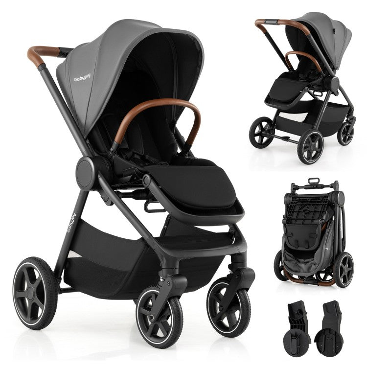 Convertible Travel Baby Stroller with Car Seat Adapters, Reversible Seat, Reclining Backrest & Large Storage Basket