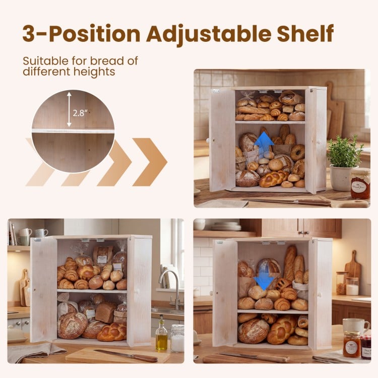 Corner Bread Box for Kitchen Counter Bamboo Double Layer Breadbox Organizer-White