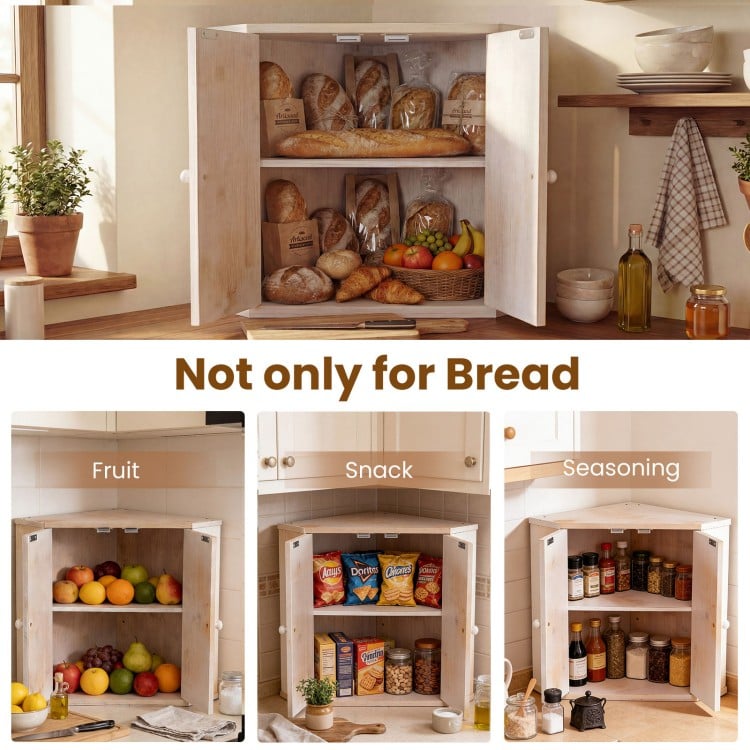 Corner Bread Box for Kitchen Counter Bamboo Double Layer Breadbox Organizer-White