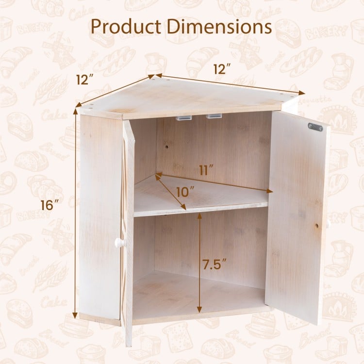Corner Bread Box for Kitchen Counter Bamboo Double Layer Breadbox Organizer-White