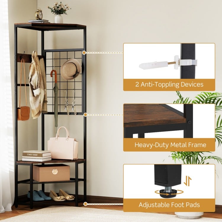 Corner Hall Tree Freestanding Coat Rack with Storage Shelves Removable Hooks-Brown