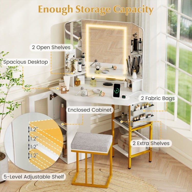 Corner Vanity Desk with Mirror and Lights Makeup Dressing Table with Triple Mirror-White