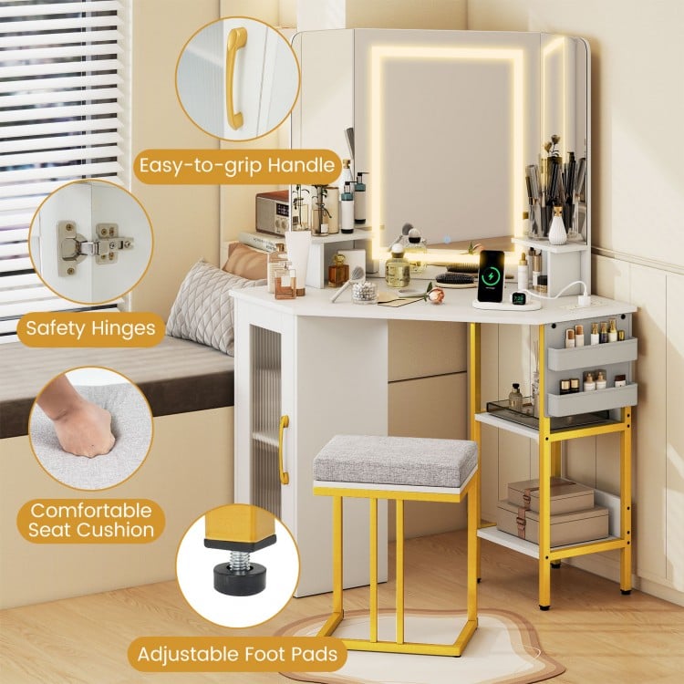 Corner Vanity Desk with Mirror and Lights Makeup Dressing Table with Triple Mirror-White