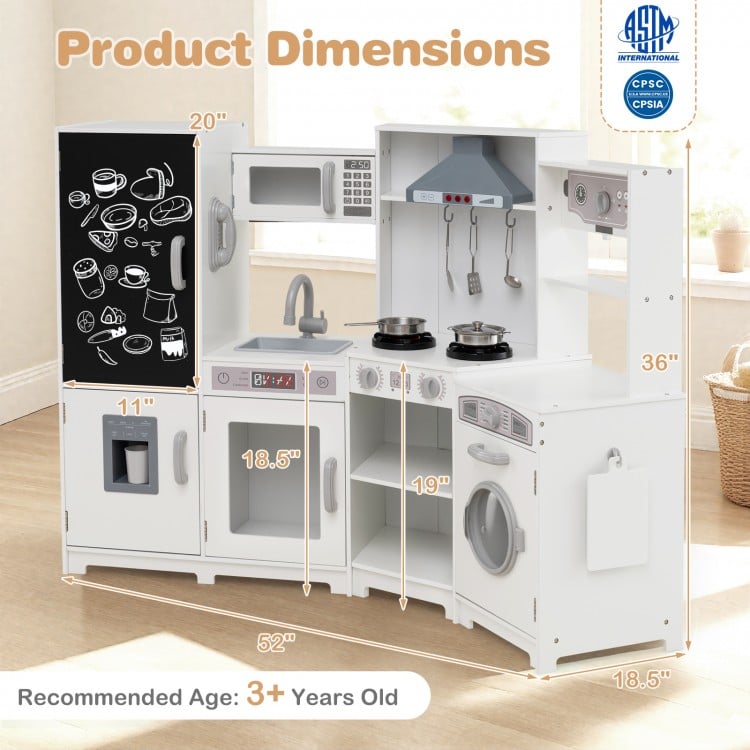 Corner Wooden Play Kitchen with Lights and Sounds Large Pretend Play Kitchen Set-White