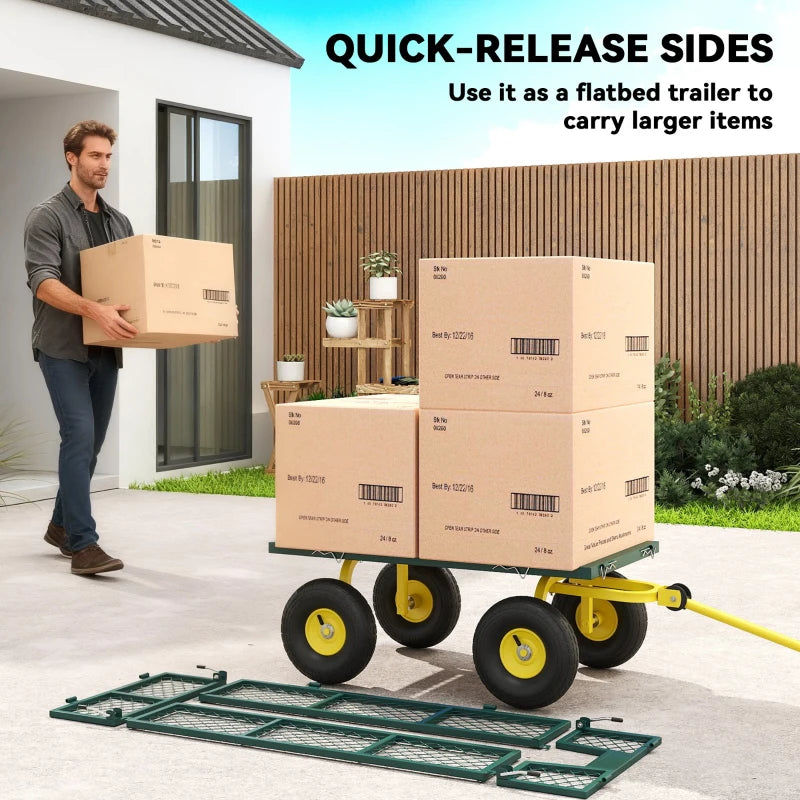 Garden Cart, Utility Wagon Cart with Removable Sides, Convert into Flatbed, 10" Wheels, 180° Rotating Handle, Green