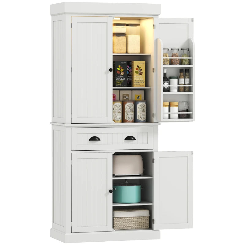 71" Kitchen Pantry Cabinet with LED Lights, 6 Spice Racks, a Drawer and 4 Adjustable Shelves, White