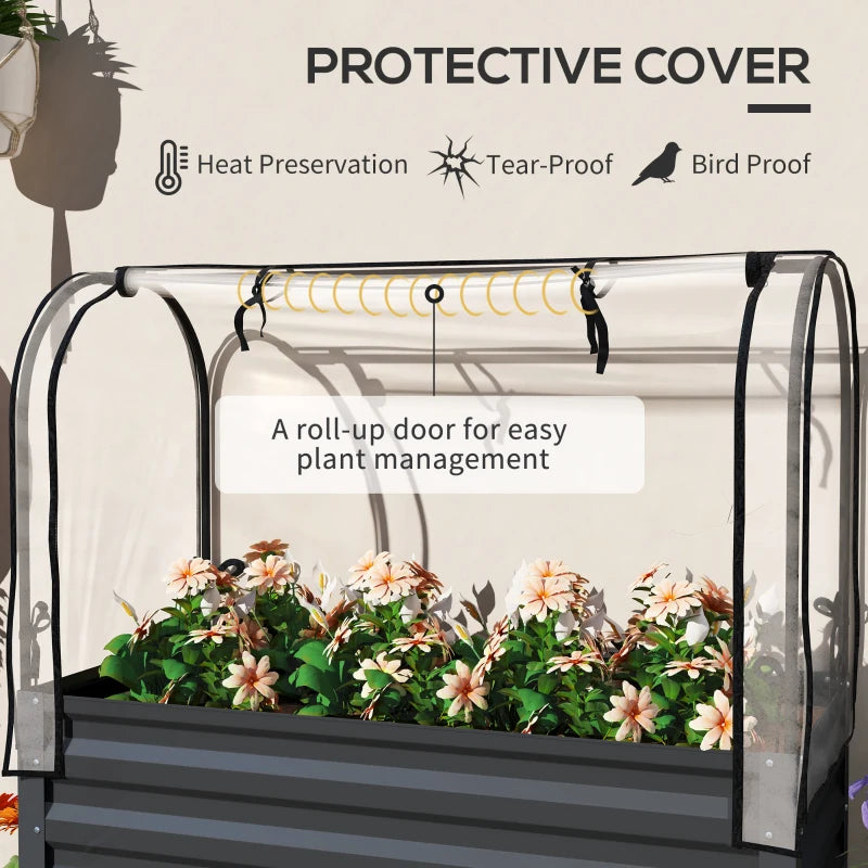 Raised Garden Bed with Cover, Metal Elevated Planter Box with Bottom Shelf and Liner, Dark Grey