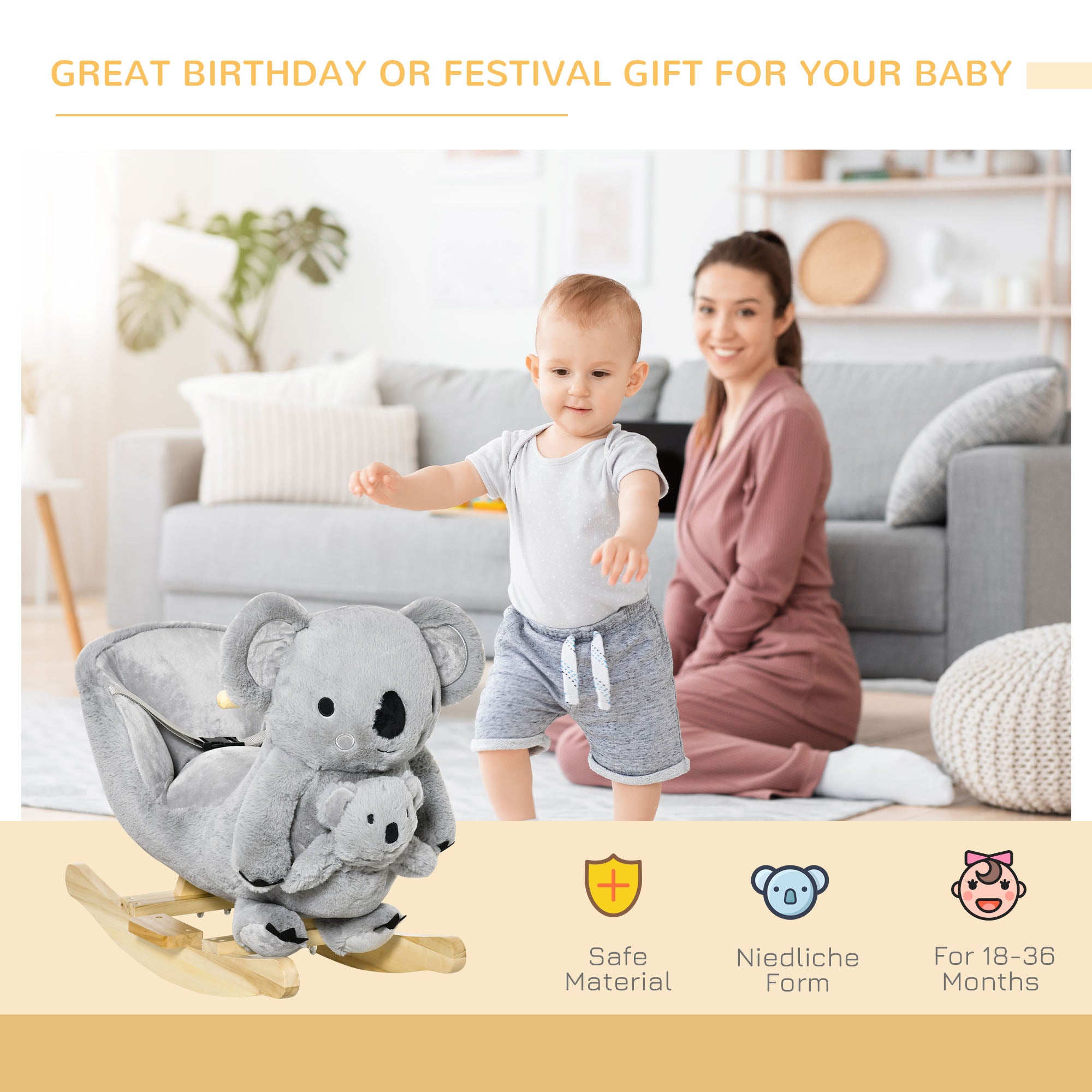 Qaba Koala Rocking Horse for Kids - Plush Ride-On Toy with Gloved Doll & Sounds, Ideal for 18-36 Months, Grey 