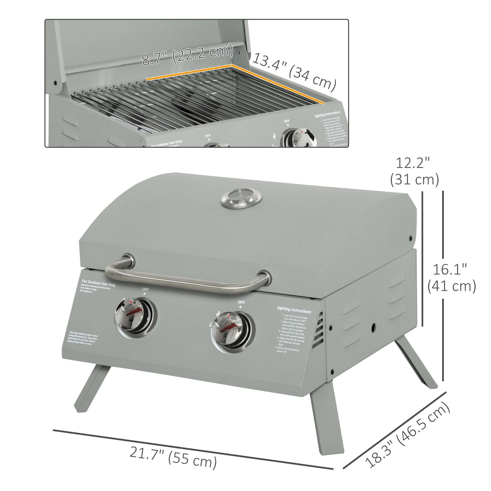 Outsunny 2 Burner Propane Gas Grill, Portable Tabletop BBQ with Foldable Legs, Lid, for Camping, Picnic, Silver 