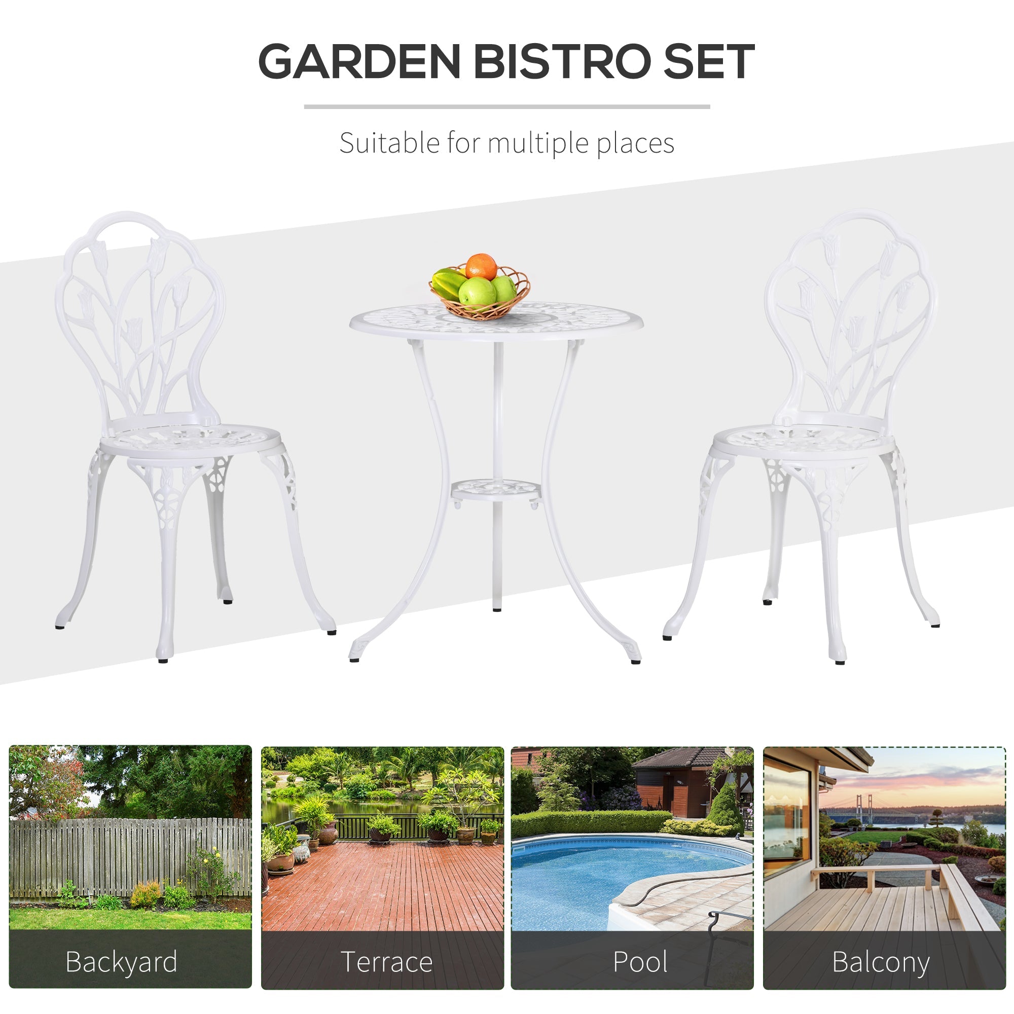 Outsunny 3-Piece Cast Aluminum Patio Bistro Set, Outdoor Table and Chairs with Umbrella Hole, Elegant Design, White 