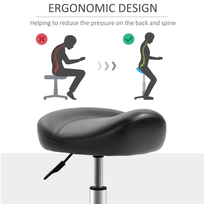 Saddle Stool, Height Adjustable Rolling Salon Chair with PU Leather for Massage, Spa, Clinic, Beauty and Tattoo, Black