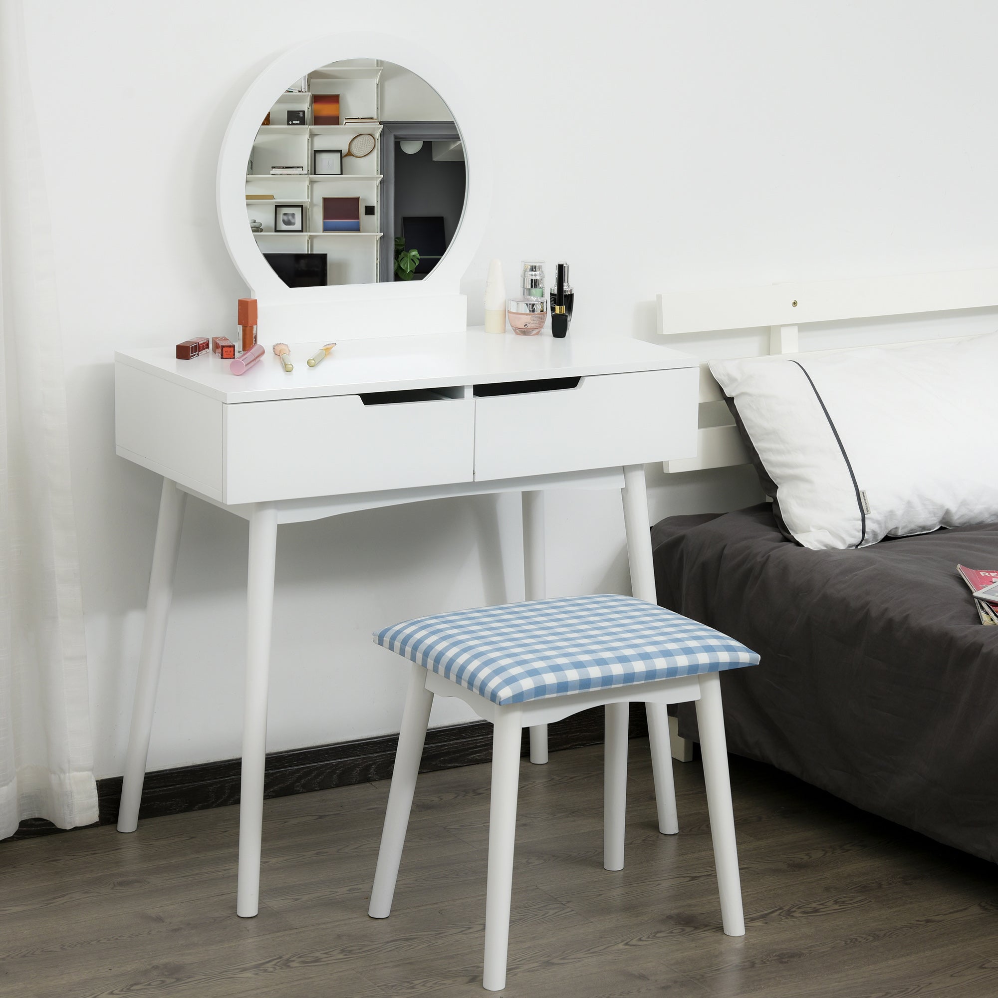 HOMCOM Chic White Vanity Set with Round Mirror Cushioned Stool Makeup Table 2 Large Drawers Sliding Rails 