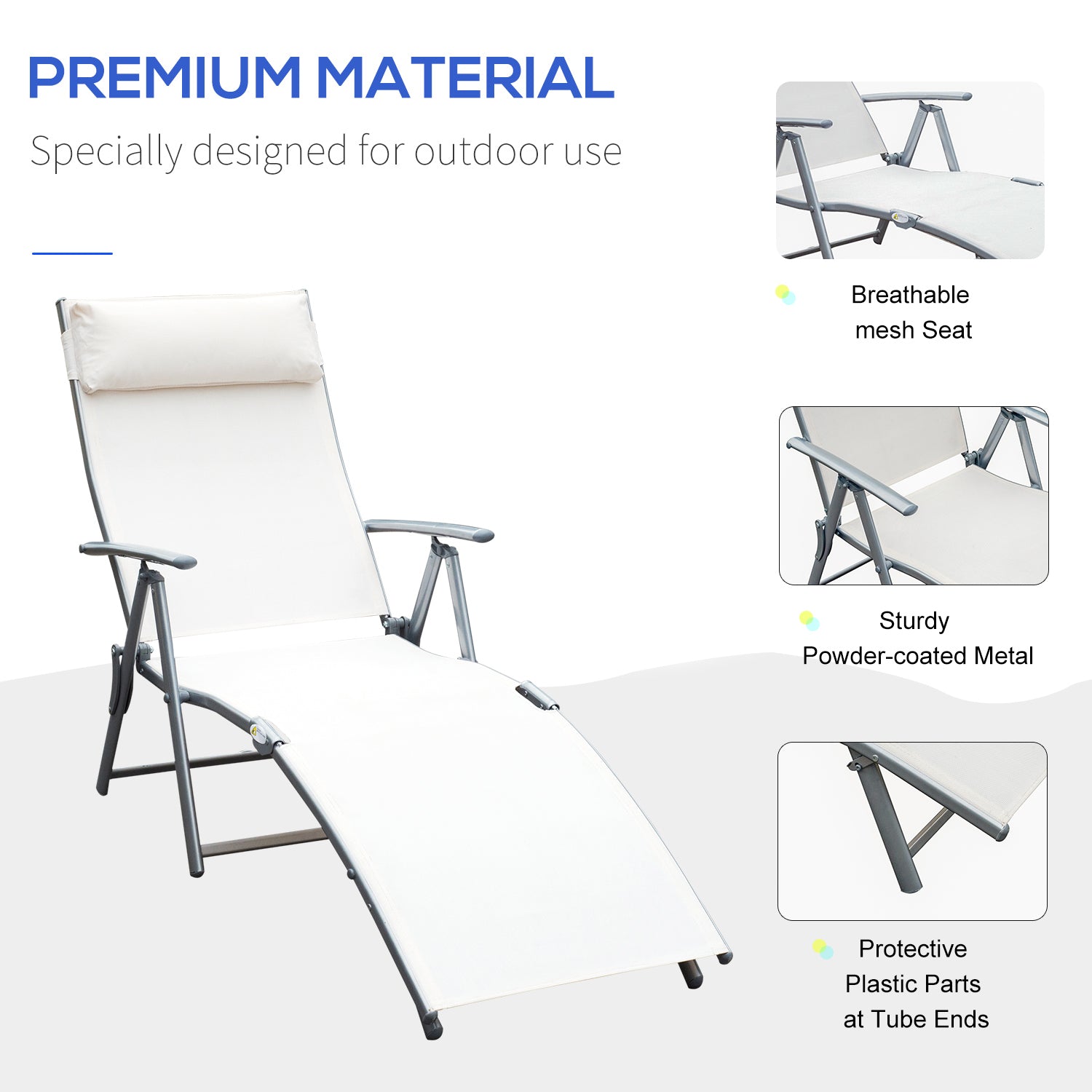 Outsunny Adjustable Reclining Patio Chaise Lounge Chair Tri-Fold Outdoor Garden Sun Lounger Cream 