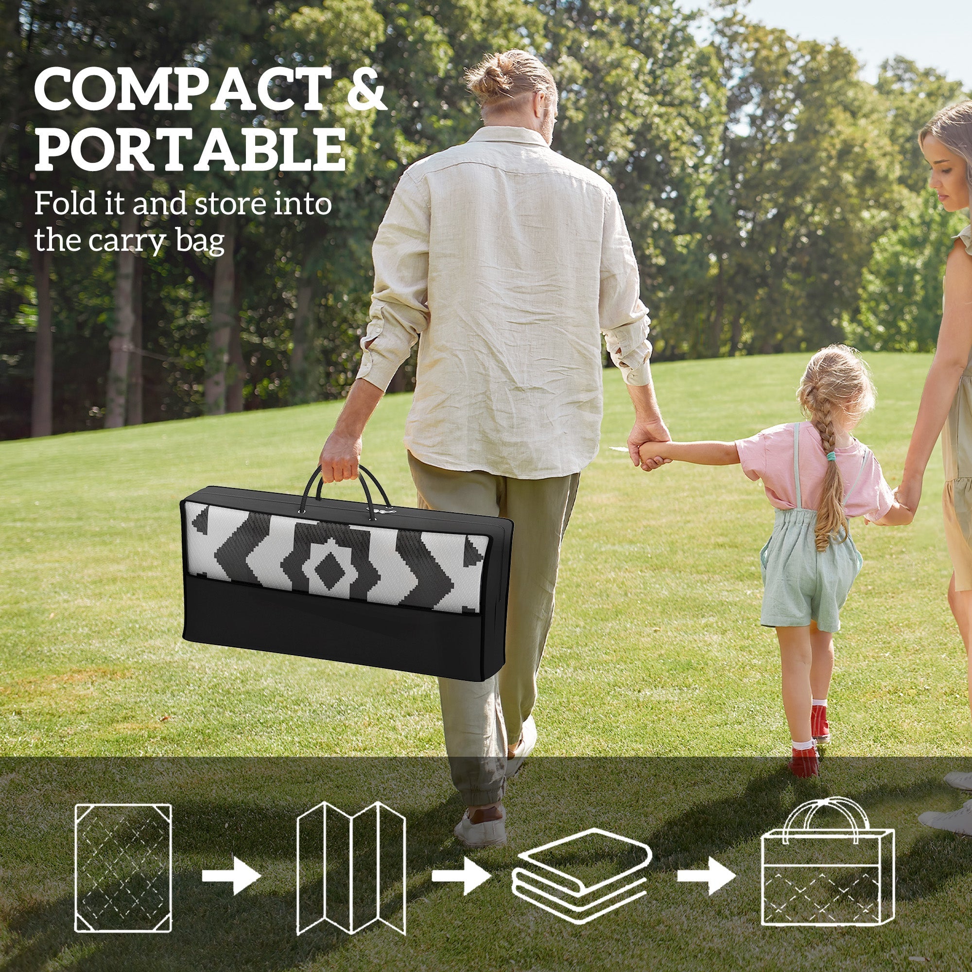 Outsunny 9' x 12' Outdoor RV Rug, Reversible Patio Floor Mat with Carry Bag, Toothed Rhombus, White and Black 
