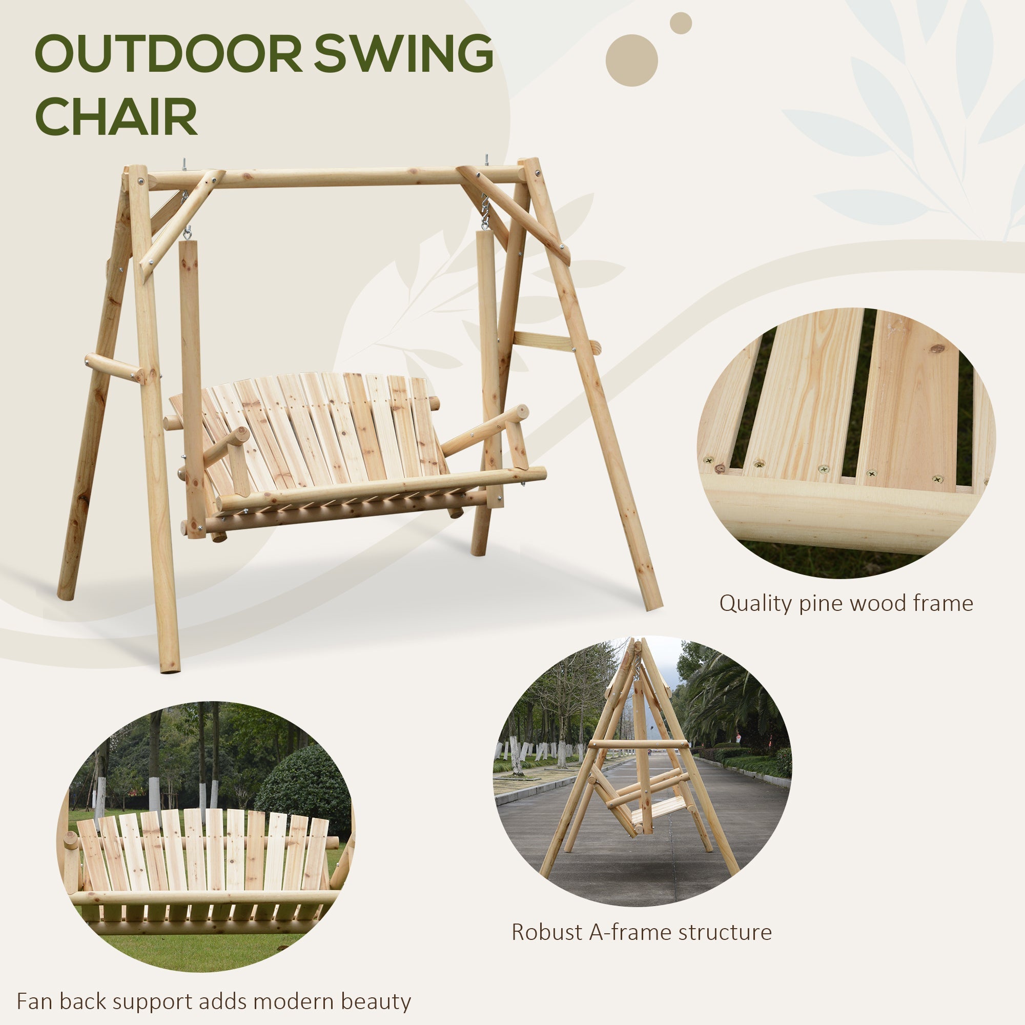 Outsunny 6.5ft Outdoor Loveseat, Wood Porch Swing for 2 Person, Freestanding Garden Swing, Comfortable Seating 