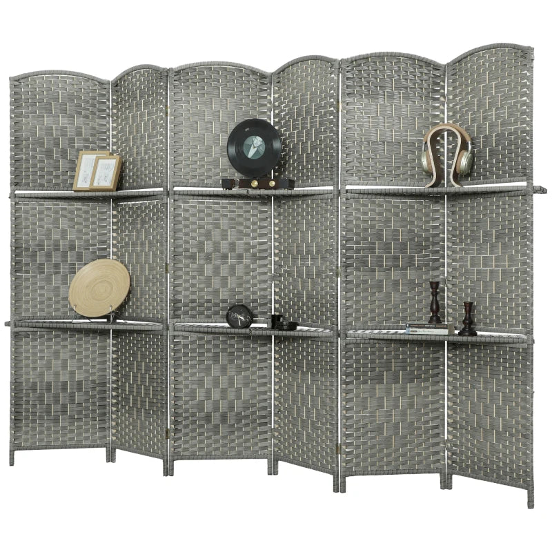 6 FT Privacy Screen, 6 Panel Room Divider with Shelves for Living Room Bedroom Home Office, Grey