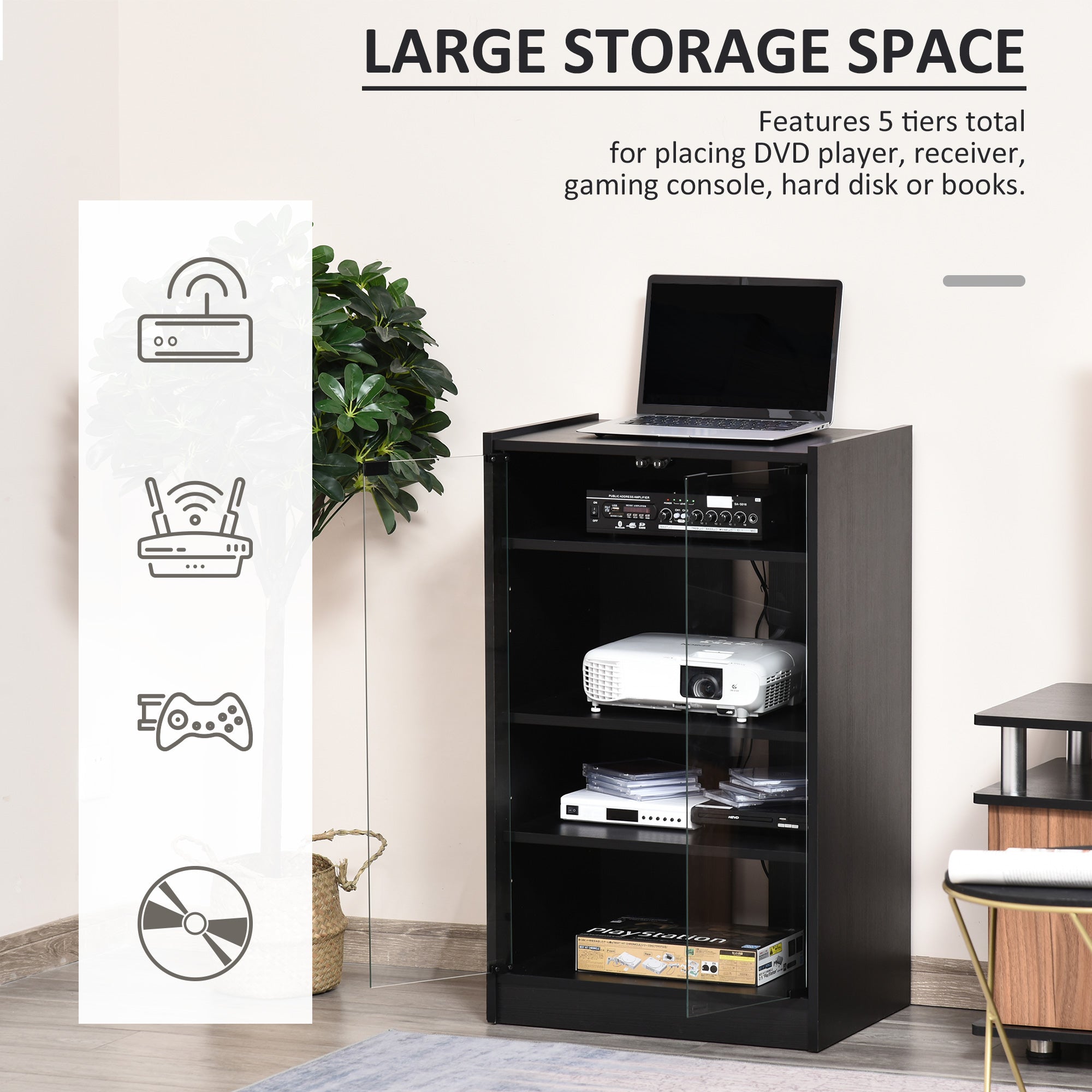 HOMCOM Media Maven: 5-Tier DVD Storage Cabinet with Adjustable Shelves, Tempered Glass Doors, Cable Management, Black Elegance 