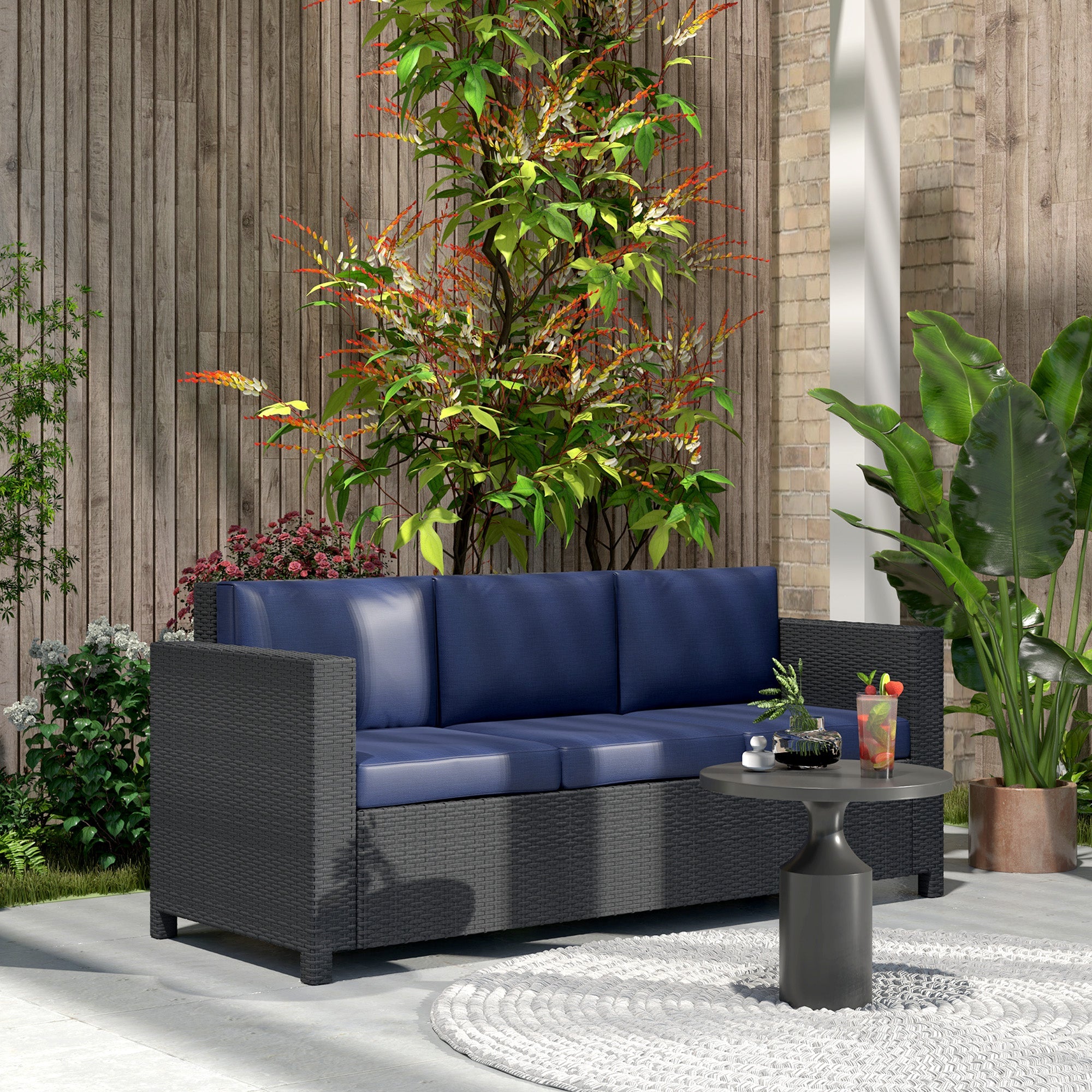 Outsunny Deluxe 3 Seat Rattan Wicker Sofa Garden Outdoor Patio Furniture with Cushion, Navy Blue 