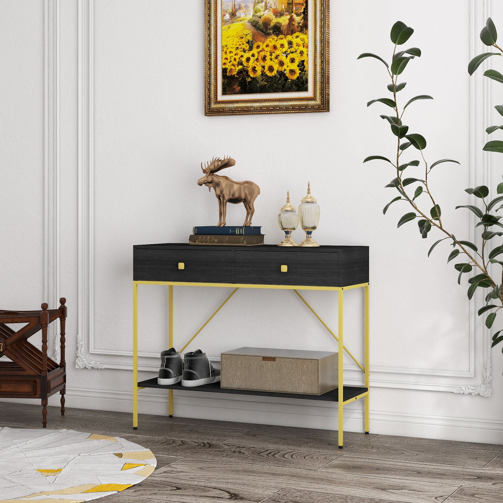 HOMCOM Hallway Console Table Entryway 2 Drawers Storage Shelf Living Room Bedroom Black 