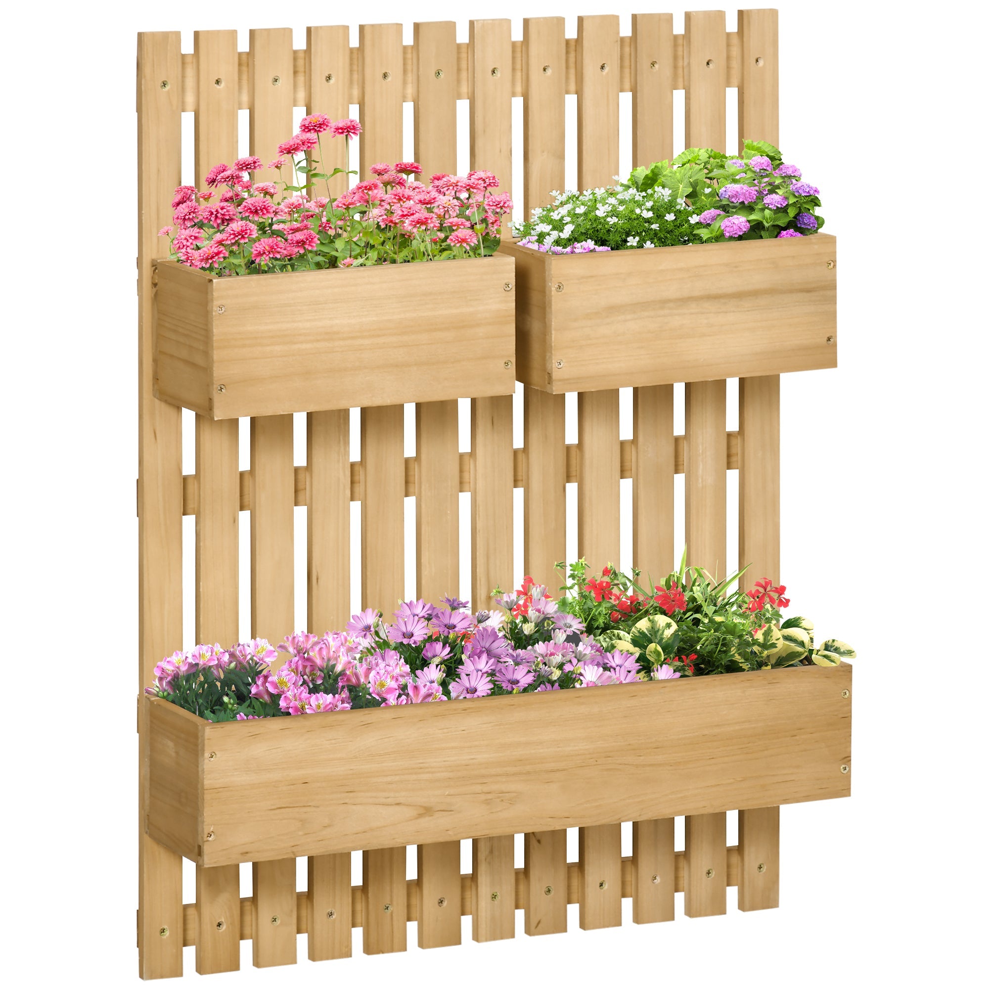 Outsunny 3 Box Raised Garden Bed with Trellis, Wall-Mounted Wood Planter Box Set with Drainage Hole for Flowers, Climbing Plants 